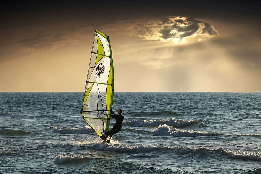 man, sailing boat, windsurfing, sea, clouds, sunset, nature, wave, horizon over water, sport
