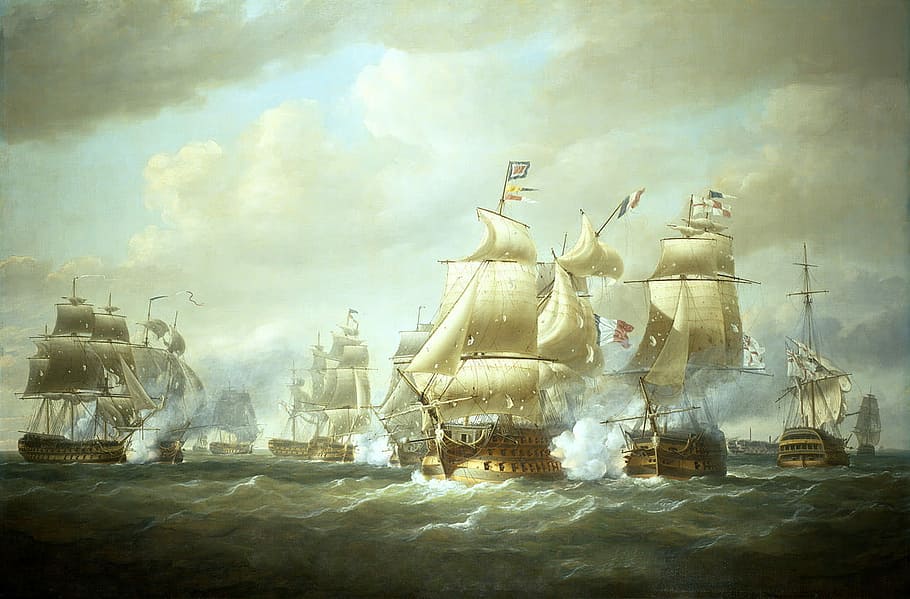 battle, san domingo, Battle of San Domingo, Sea, Napoleonic Wars, battke, clouds, Navy, painting, public domain