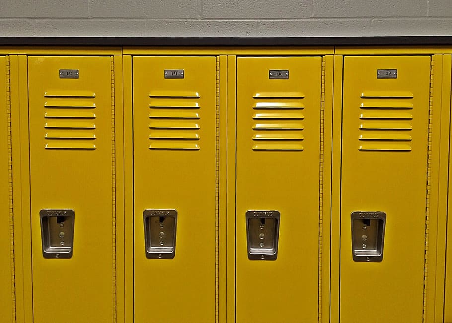 closed, yellow, steel locker cabinet, Lockers, Education, Student, school, data, locker, in a row
