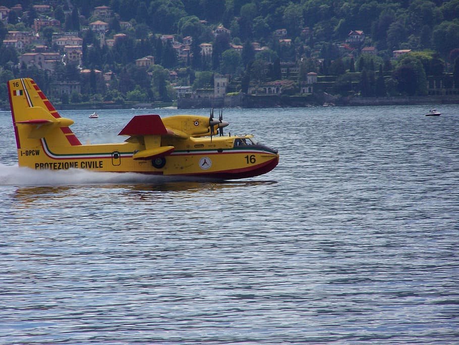 plane, lake, canadair, ala, propeller, fire, italian air, water, nautical vessel, transportation