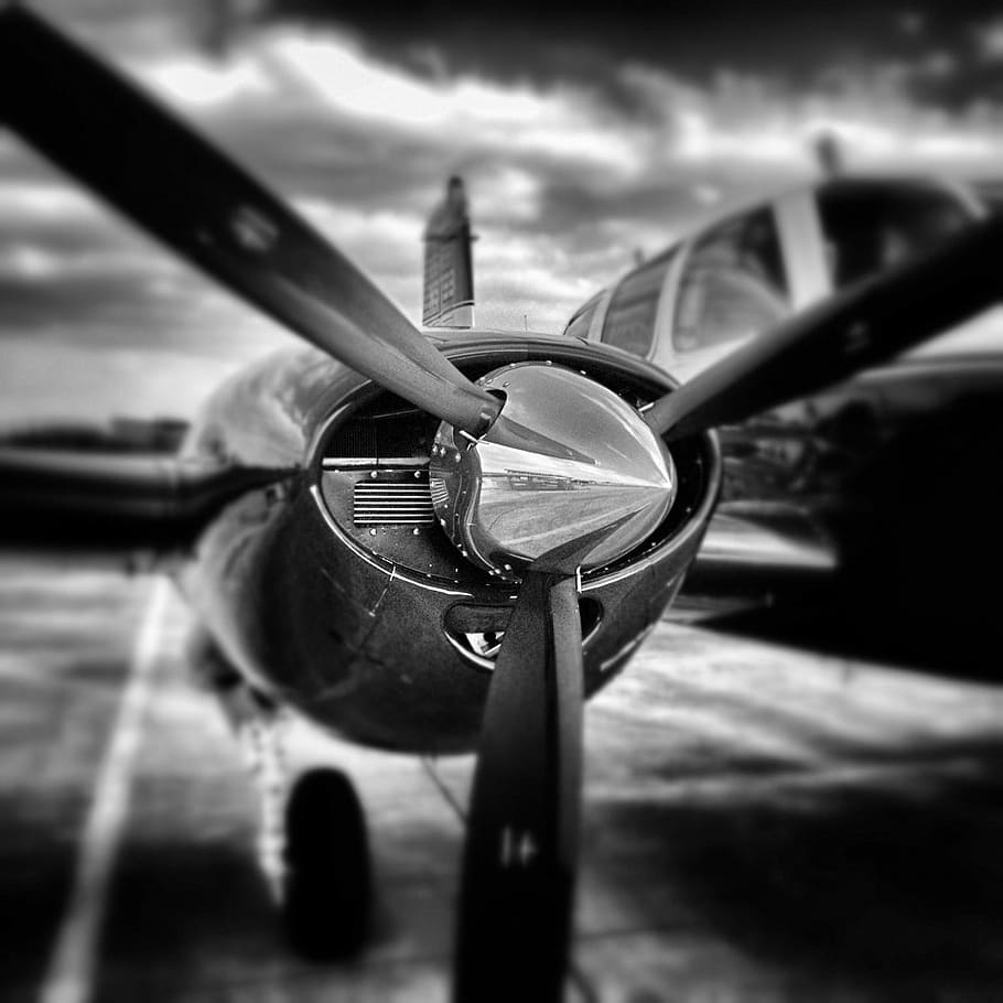 grayscale photo, airplane propeller, grayscale, airplane, propeller, black And White, old-fashioned, retro Styled, no People, outdoors