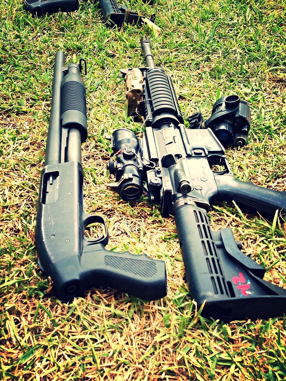 negro, moderno, hierbas, rifle, M4, escopeta, militar, arma, defensa, pistola