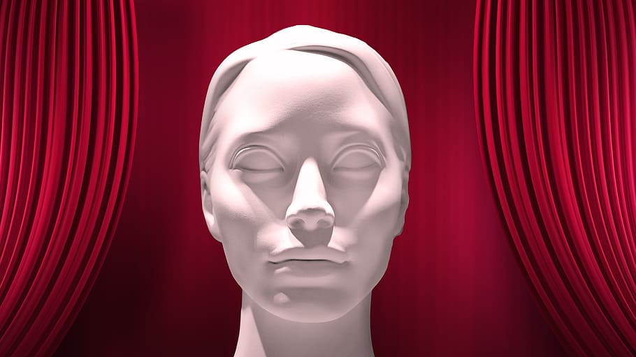 woman head bust, red, background, mask, curtain, sculpture, face, eyes, rigid, dead