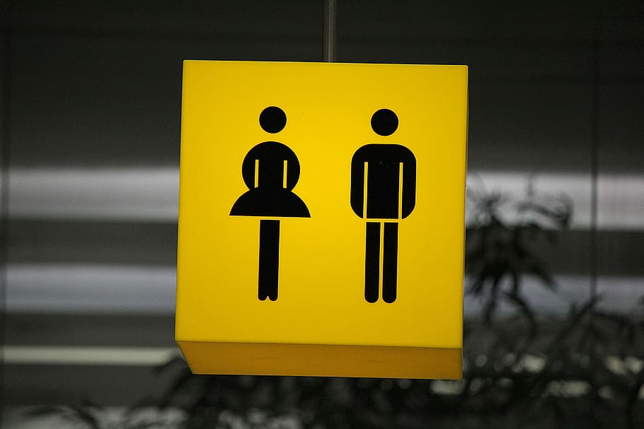 Public Toilet, Wc, Shield, toilet, toilets, loo, man, woman, note, yellow