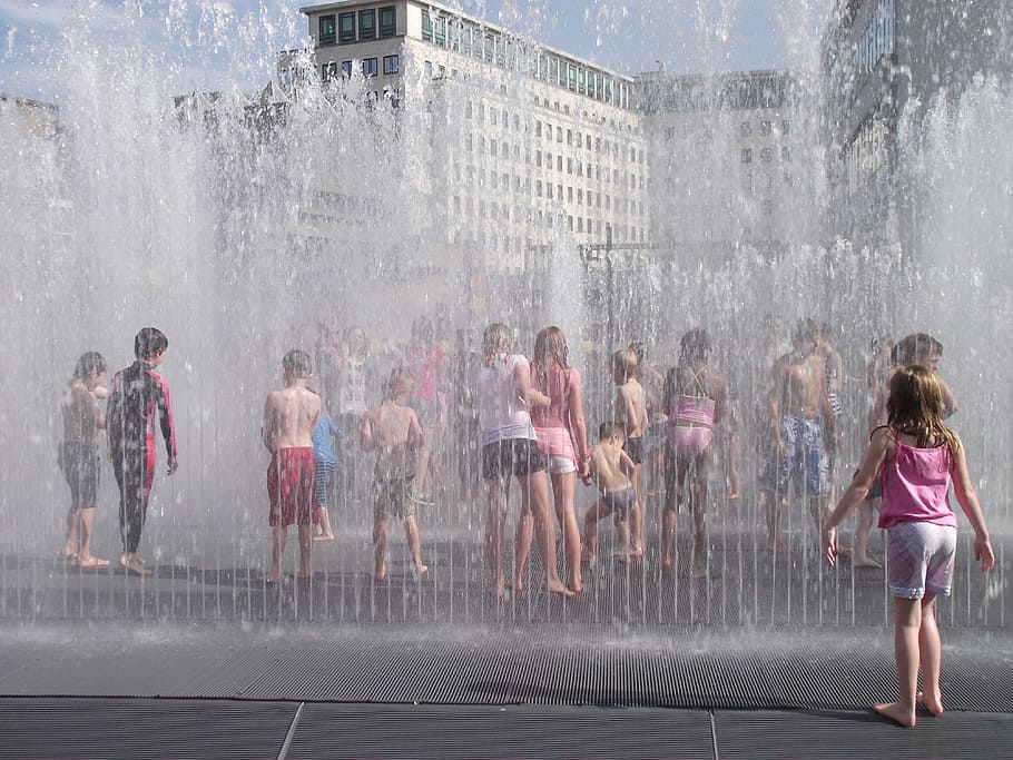 people, standing, water fountain, Children, Playing, Water, Chilling, children, playing, girls, boys