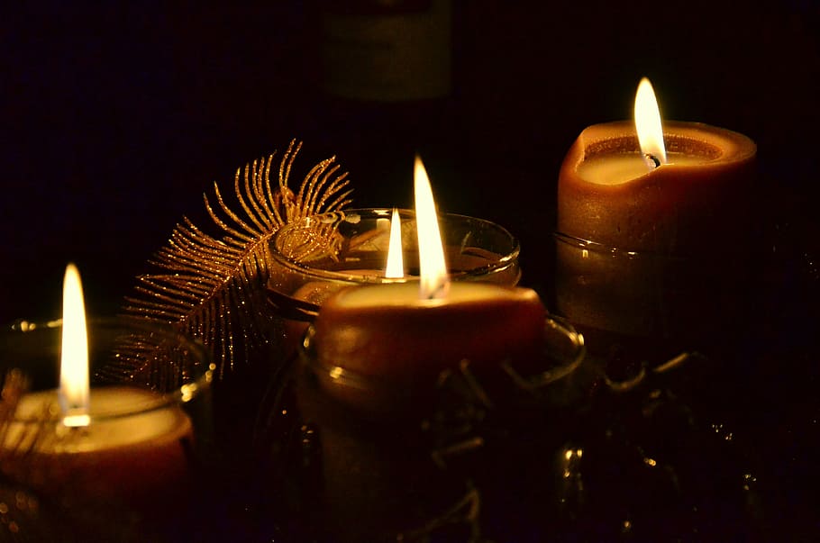 close-up photography, four, lighted, candles, advent, advent candle, advent wreath, light, lights, celebration