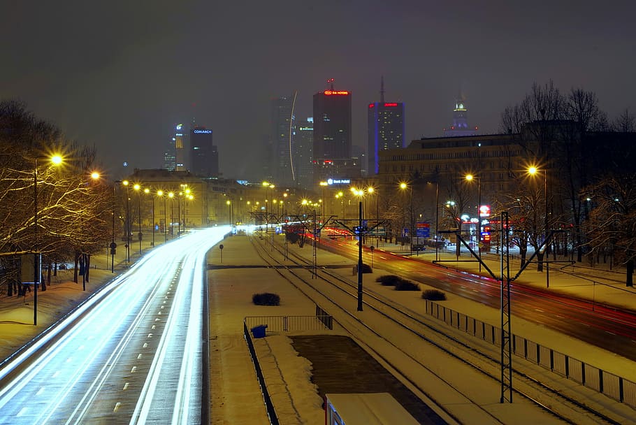 都市, 夜, 光, 冬, 通り, 輸送, 路面電車, ワルシャワ, ポーランド, 独立の道