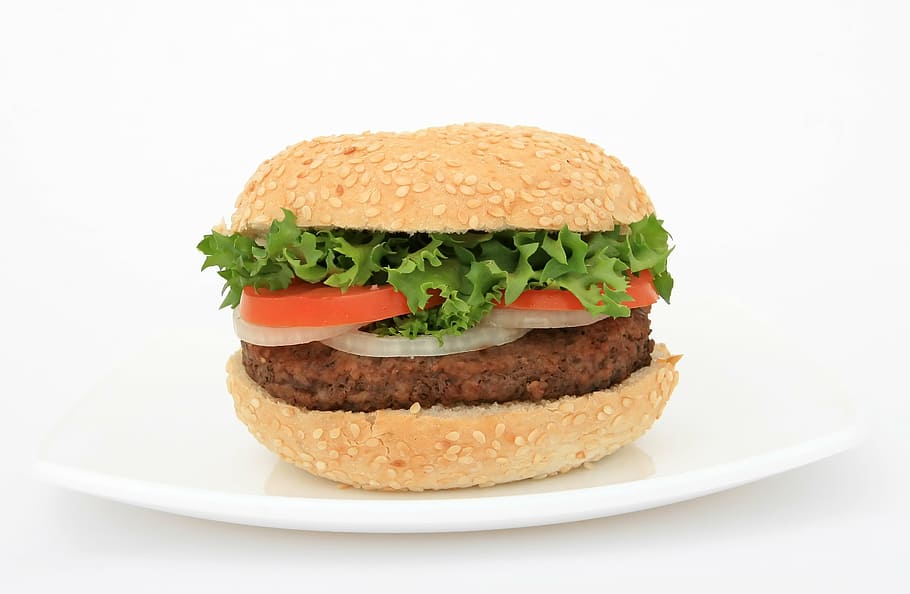 ham burger, white, plate, appetite, beef, bread, bun, burger, calories, cheese