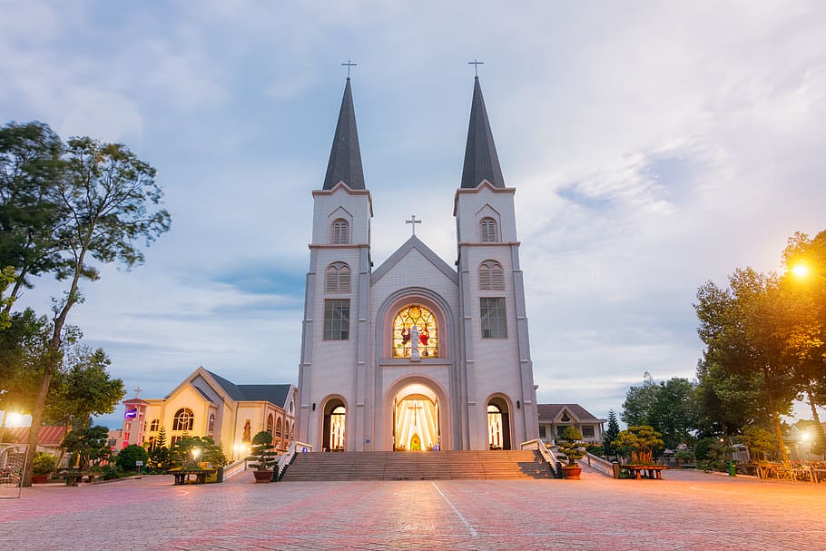church, religion, catholic, architecture, sunset, long exposure, blending, vietnam, built structure, building exterior