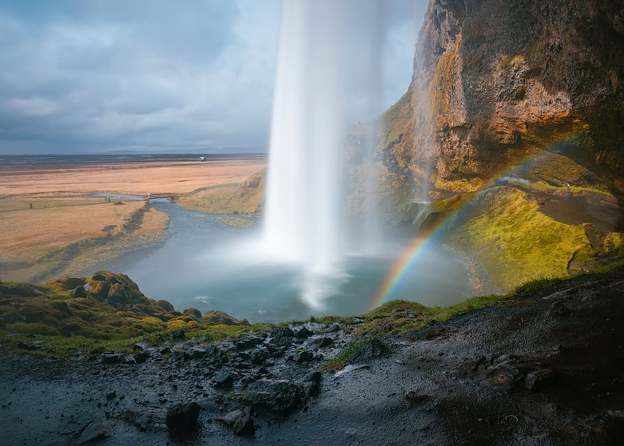 rainbow, waterfalls, rocks, nature, outdoor, mountain, view, hill, green, grass
