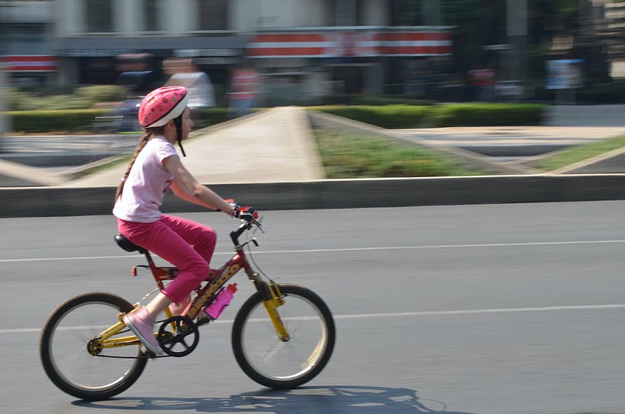 time lapse photo, girl, bicycle, child, cycling, city, mexico, bike, street, urban