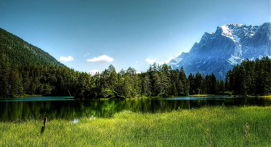 landscape reflection photography, pine trees, river, landscape, reflection, photography, zugspitze, alpine, summit, mountains
