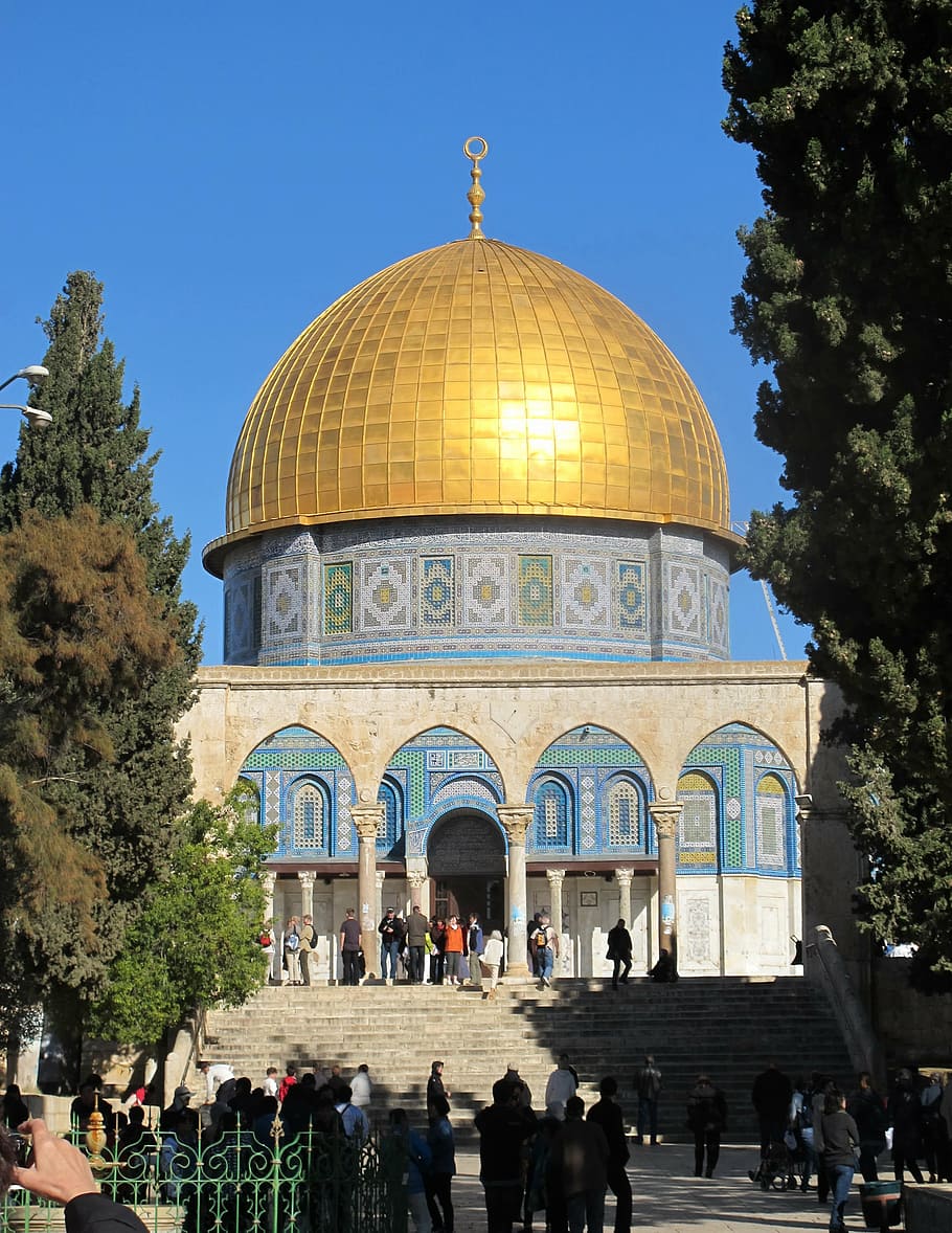 people gathering, mosque, daytime, jerusalem, israel, dome of the rock, city, holy city, dome, golden