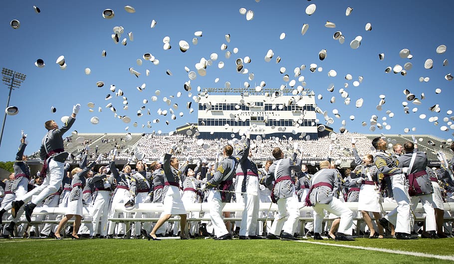 people, tossing, hats, clear, blue, sky, daytime, graduation, military, west point