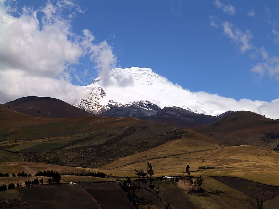 mountain, cayambe, andy, top, snow, the glacier, the equator, clouds, meadow, pasture land