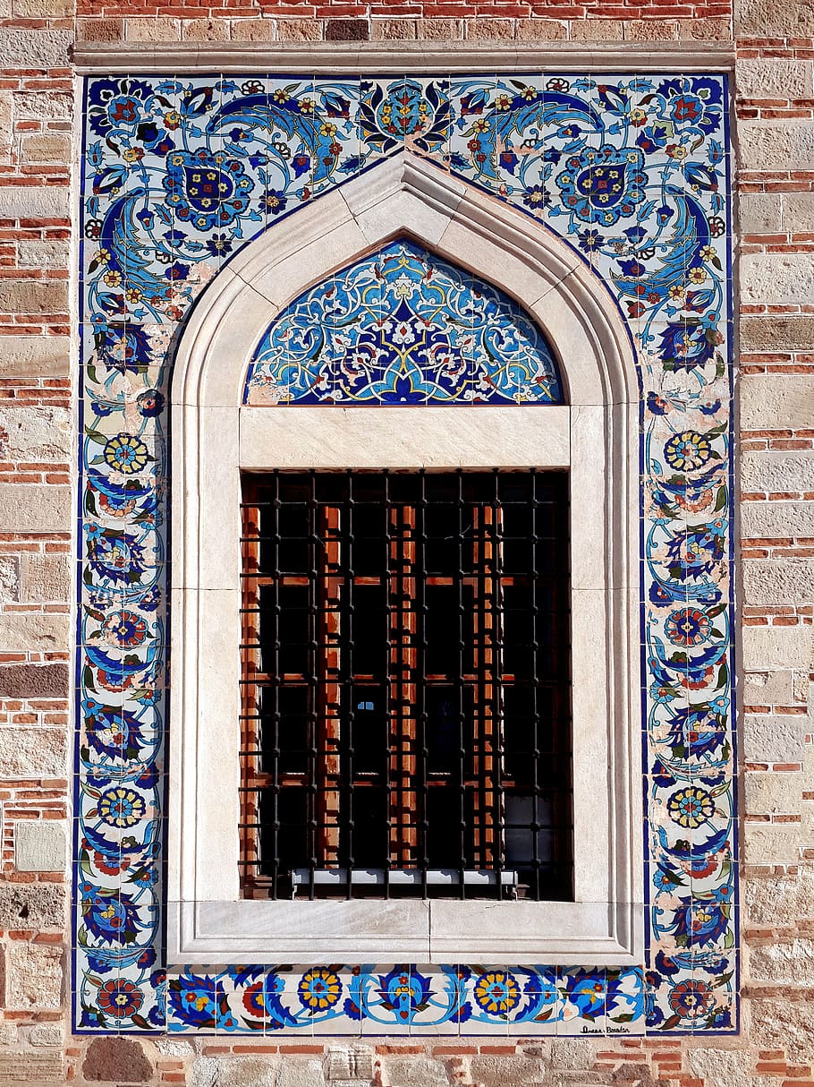 window, blue, floral, wall tile, mansion, izmir, symbol, clock tower, mosque, turkey