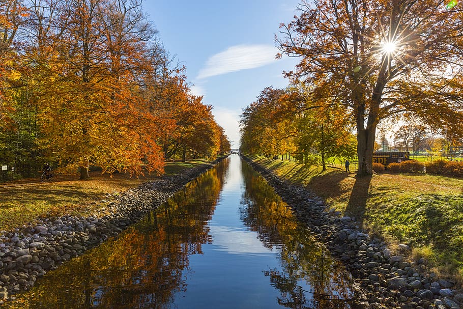 nature, river, trees, autumn, fall, summer, sun, clouds, sky, reflection