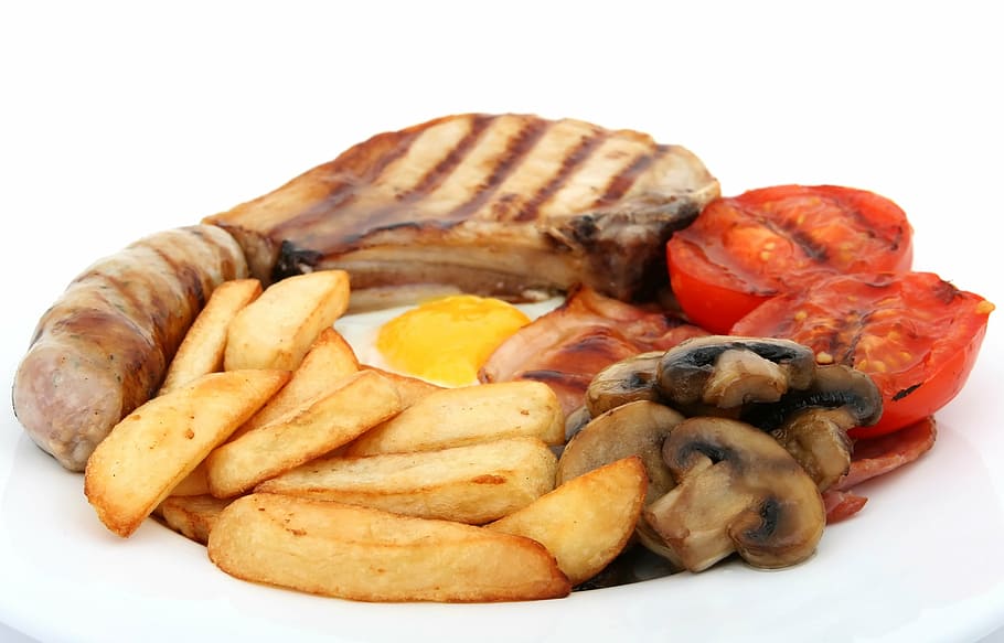 steak, fries, egg, bacon, bread, breakfast, broiled, charbroiled, chips, cholesterol