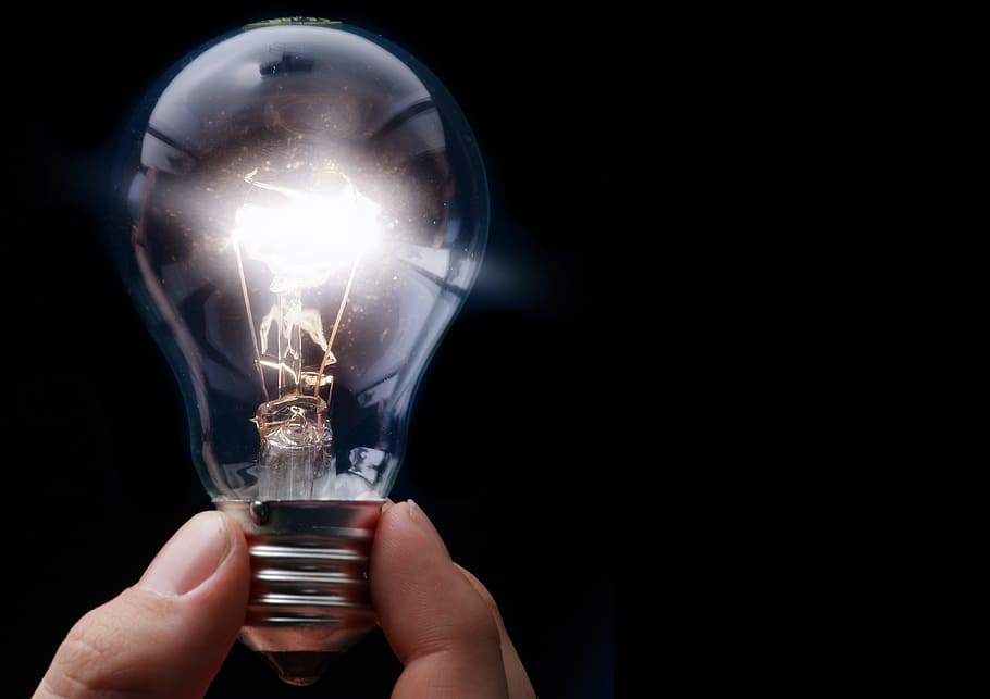 person, holding, lighted, bulb, light bulb, current, electric, light, energy, pear