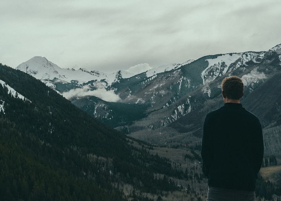 guy, man, male, people, back, contemplate, mountains, travel, snow, winter