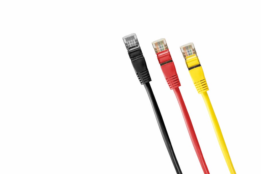 tres, negro, rojo, amarillo, cables, cables de red, cable, parche, cable de conexión, rj