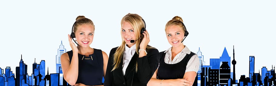 three, wearing, black, headsets, Call Center, Headset, Woman, Service, consulting, information