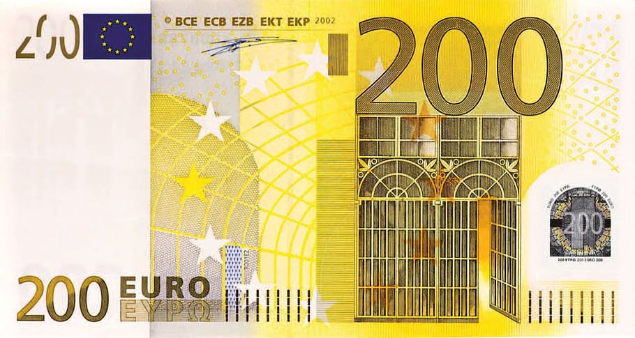 Billete de 200 euros, billete de euro, billete de un dólar, 200 euros, dinero, billete de banco, negocios, finanzas, negocios corporativos, venta minorista