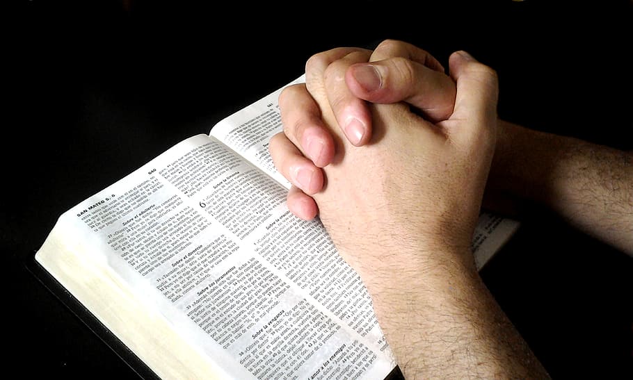 рука человека, вершина, книга, черный, фон, взаимосвязанные руки, молитва, библия, часть человеческого тела, человеческая рука