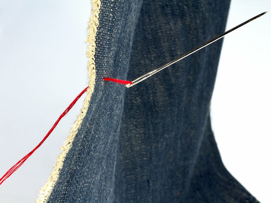 fabric, needle, sew, yarn, denim, indygo, red thread, close-up, rope, day