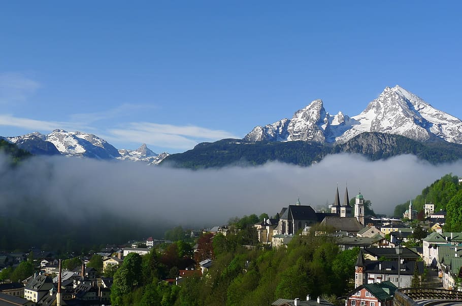 Alemanha, Berchtesgaden, Watzmann, Alpes, montanhas, manhã, névoa, cenário, caminhadas, alpino