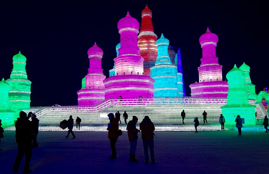 púrpura, verde, azul, led, estructuras, China, Harbin, Hielo, Turismo, Festival