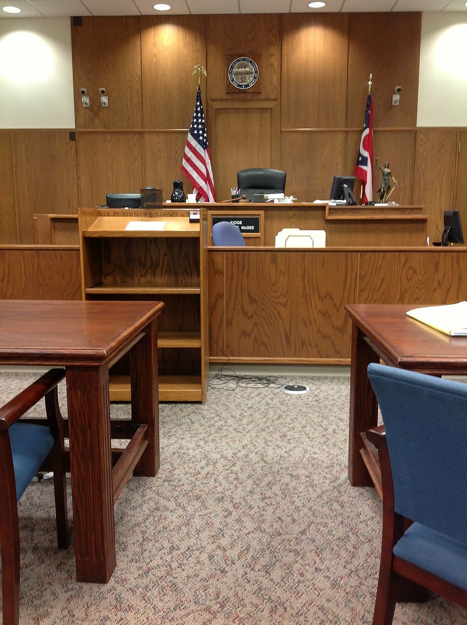 brown wooden table, courtroom, court, courthouse, court of law, american, america, justice, law, legal