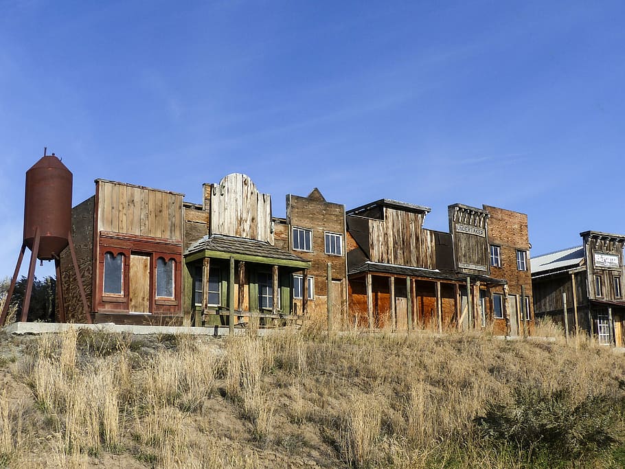 brown, wooden, commercial, building, deadman ranch, ancient, buildings, western style, wild west, ghost town