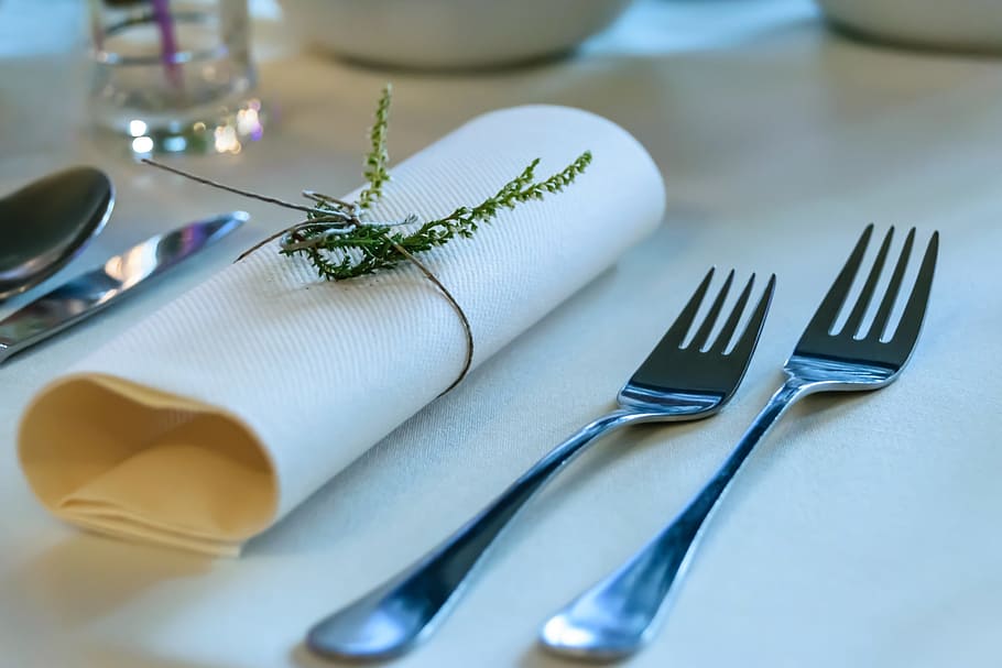 two, gray, stainless, steel forks, white, table napkin, silver, table mat, elegant tableware, forks