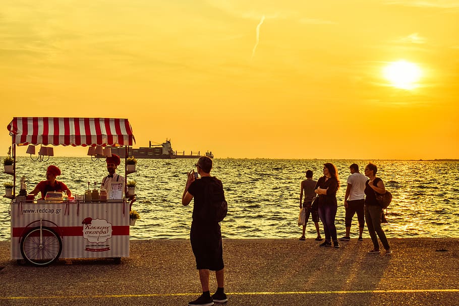 vendor kiosk, vintage, promenade, afternoon, people, thessaloniki, greece, group of people, water, sunset