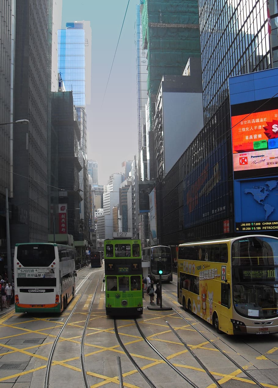 Hong Kong, rascacielos, ciudad, tranvía, autobús, urbano, gran ciudad, metrópoli, modo de transporte, transporte