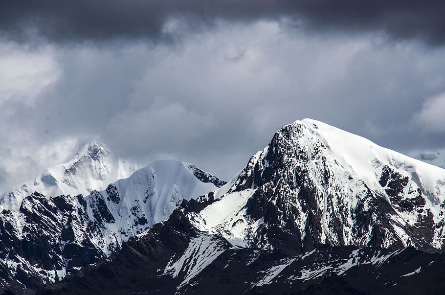 black, white, mountain alps, cloudy, sky, Gongga, Snow Mountain, Cloud, Foot, gongga snow mountain