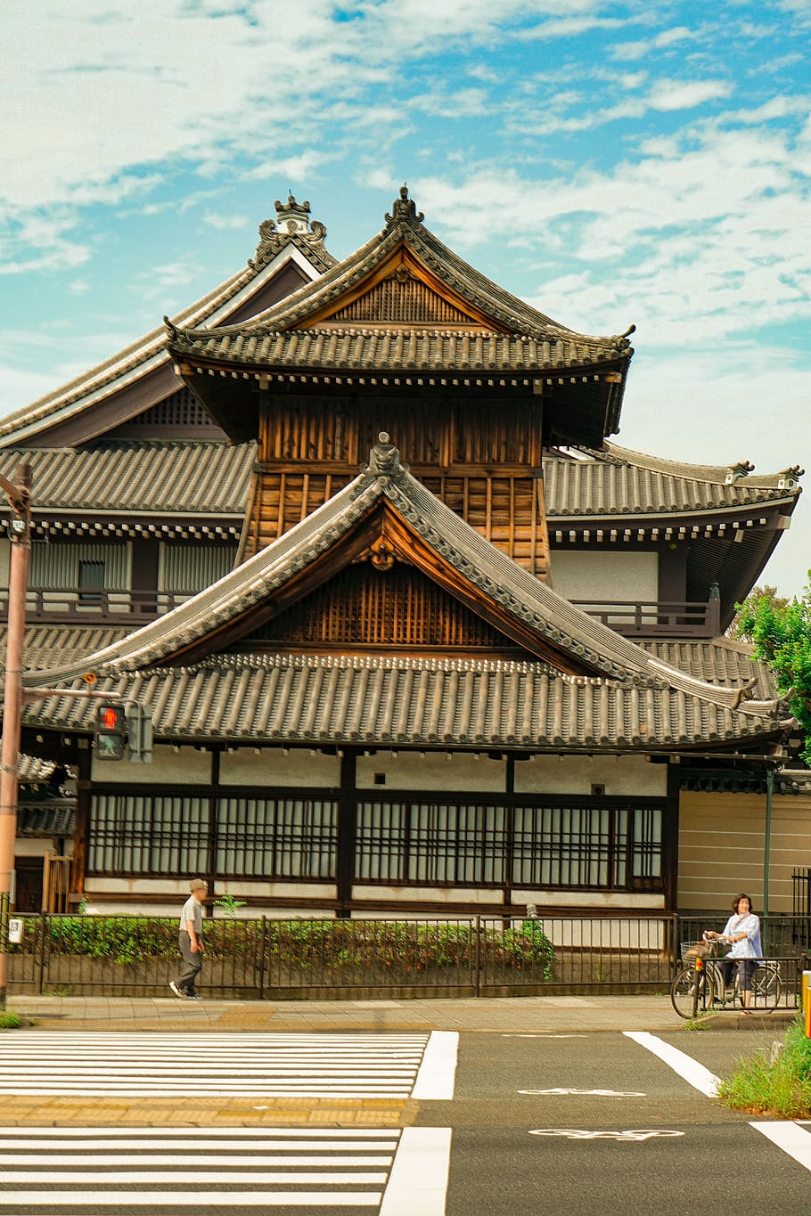 japan, traditional building, kyoto, walking, crosswalk, daytime, grandparents, bicycle, city, culture