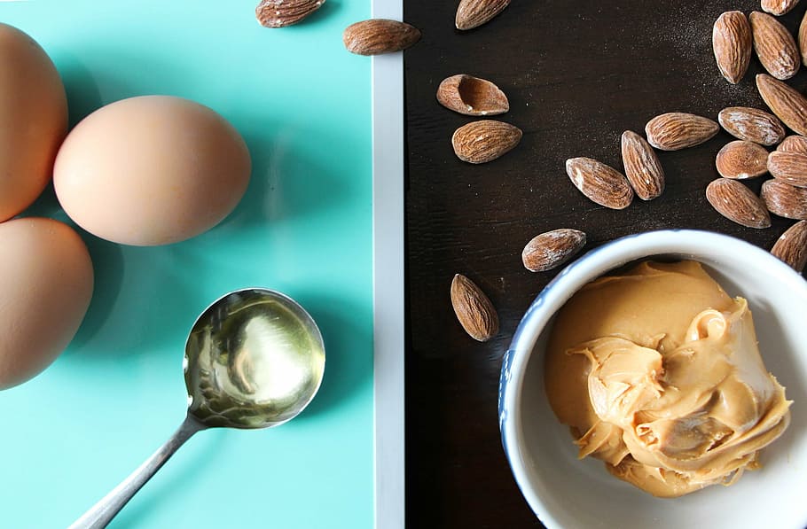 brown, egg shells, almond, blue, cook, cooking, egg, fat, food, good health