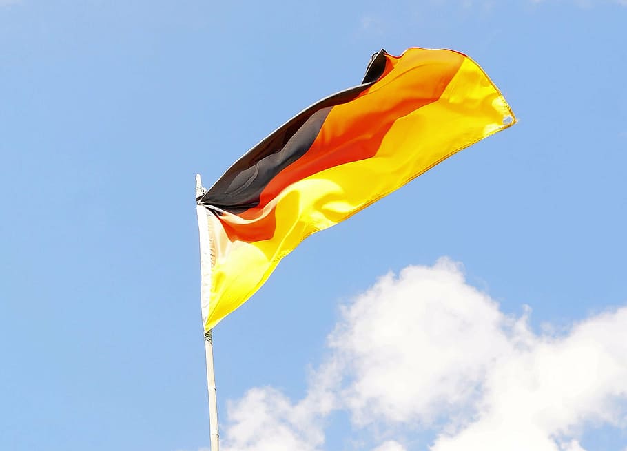 flag, flagpole, sky, germany, wm2004 brazil, wind, environment, yellow, patriotism, waving
