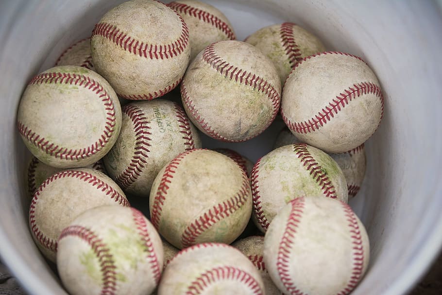 bunch, baseball, inside, bucket, baseballs, sport, game, leather, seams, sewn