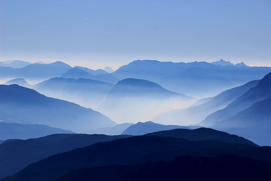 silhouette, mountain range, mountains, passes, clouds, mist, haze, hover, scene, blue