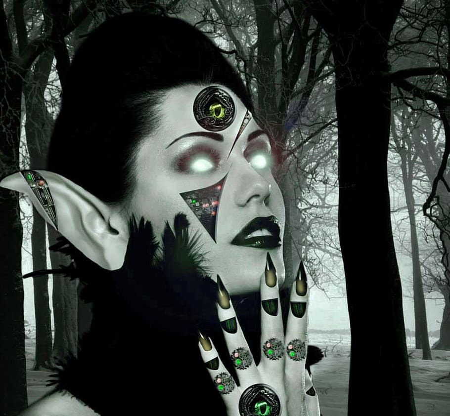 woman, face paint, vampire, creature, nightmare, eyes, artificial, artificial intelligence, android, tree