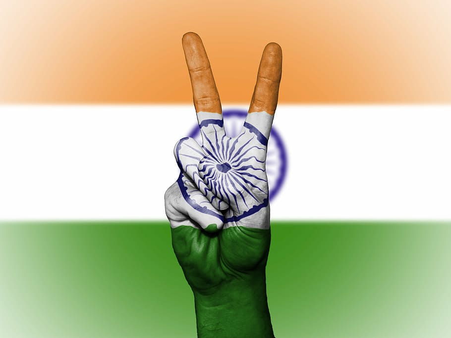 Bandera, India, signo de mano durazno, paz, mano, nación, fondo, banner, colores, país