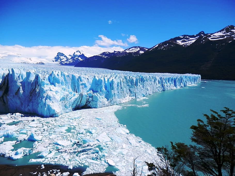 branco, iceberg, montanhas, azul, céu, geleira, Perito Moreno, Argentina, Patagônia, América do Sul