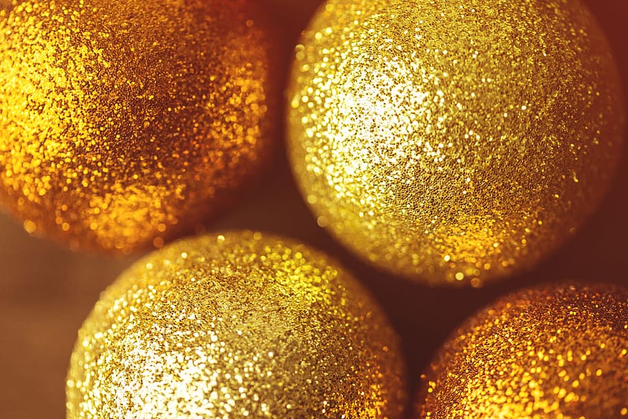 tiro macro, dourado, decorações de bola de glitter de natal, decorações., capturado, canon 6, 6d, 100m, lente macro de 100 m, closeup