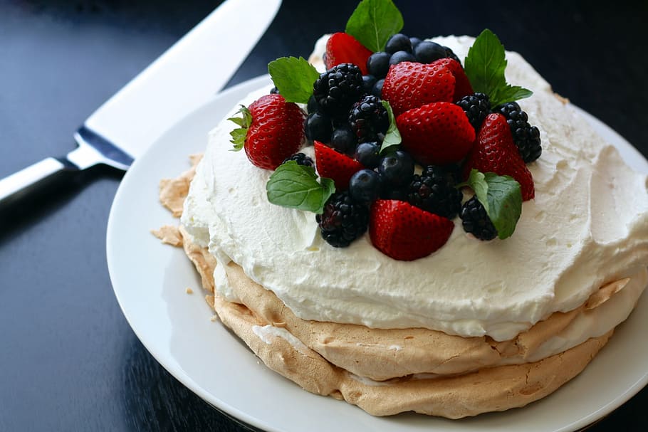 strawberry cake, white, plate, stainless, steel cake server, mixed berries, pavlova, pie, cake, sweet
