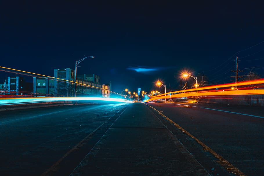 time lapse photography, road, night, buildings, lights, long, exposure, photography, traffic, highway
