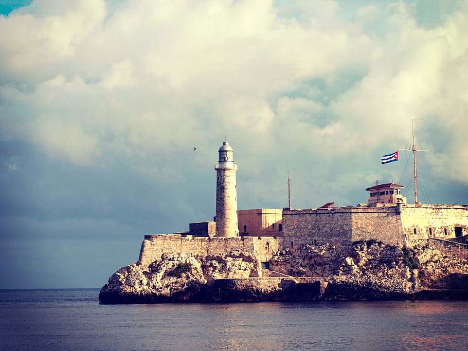 brown, lighthouse, daytime, havana, cuba, sea, sky, cuban, flag, fortress