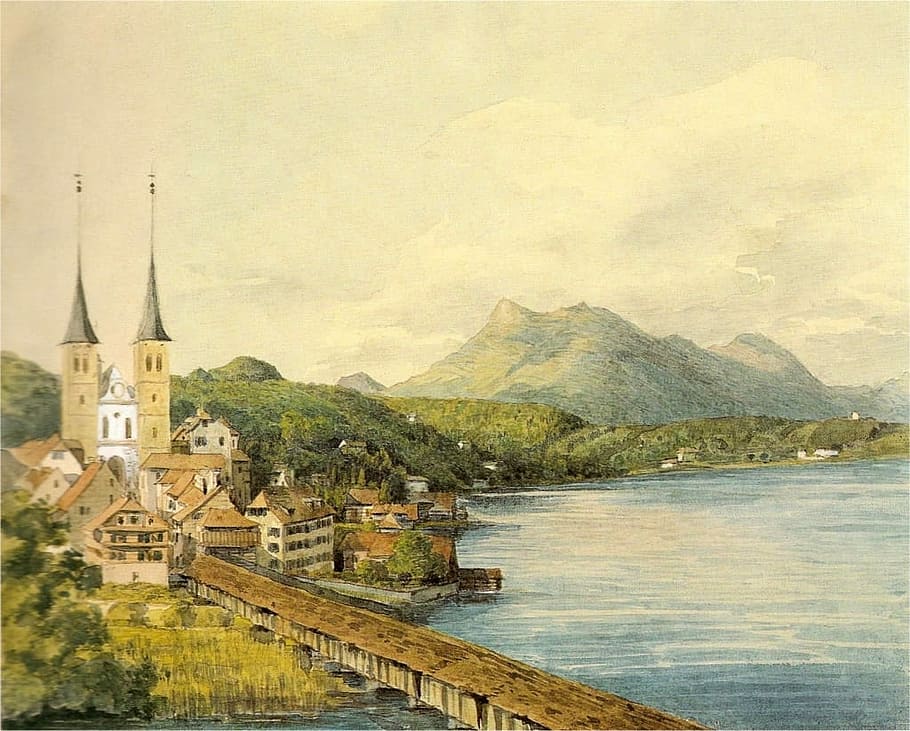 1847, castle, landscape, Lucerne, France, art, illustration, landscapes, lucrene, painting